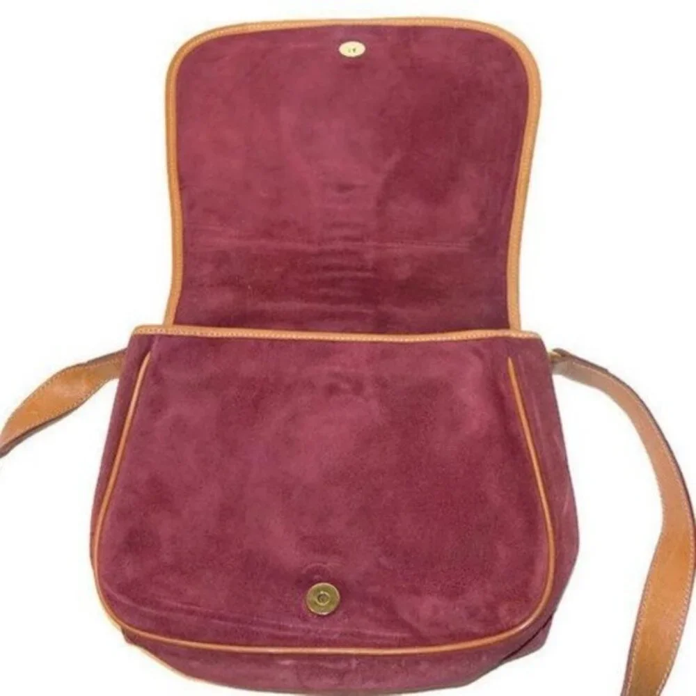 Yancci Shoulder Bag Women Medium Burgundy Suede Leather Floral Medallion Vintage